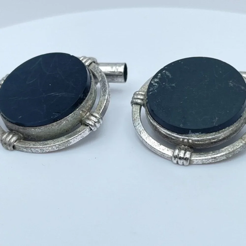Vintage 80s Black Onyx Cufflinks Silver Tone Round Art Deco‎ Swivel Jewelry